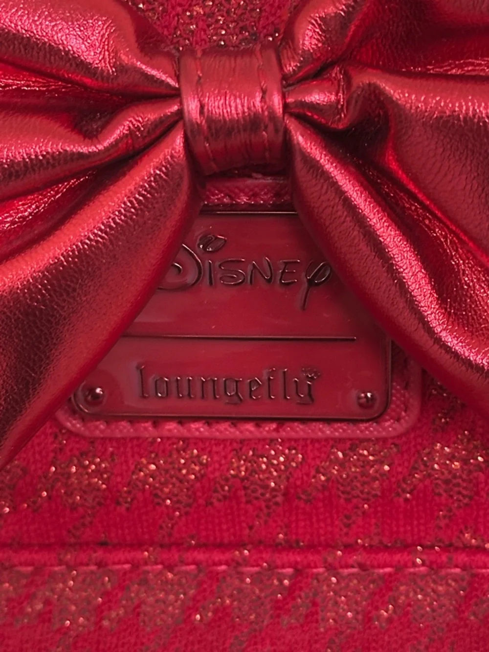 Loungefly Red Glitter Mouse-Ear Mini Backpack with Satin Bow